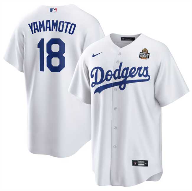 Mens Los Angeles Dodgers #18 Yoshinobu Yamamoto White 2024 World Series Cool Base Stitched Jersey Dzhi